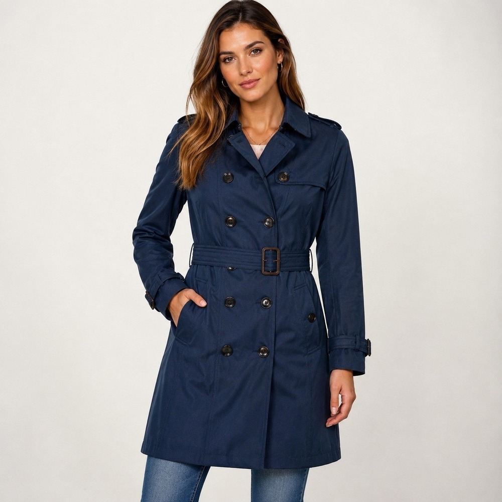 JAZZEVAR Navy Trench Coat Plaid Lined Belted Double Breasted Womens L